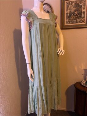 Light Sage Smocked Square-Neck Maxi Dress with Embroidered Flutter Sleeves